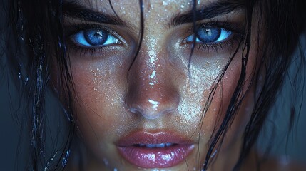 Intense beauty: closeup of woman with wet hair and striking blue eyes