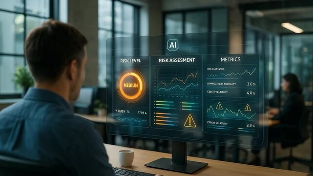 An employee conducts AI-driven financial risk assessment on a futuristic dashboard, analyzing credit volatility, risk levels, and predictive metrics in a smart office environment. - Powered by Adobe