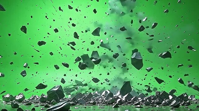 Explode metallic debris sky flies sharply over a bright green background, with radiant metal shards scattering in dynamic, dazzling patterns of light and motion.