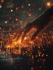 A hand hovers over a surface displaying glowing binary code and particles, illustrating the interaction between humans and digital technology in a modern, futuristic setting.