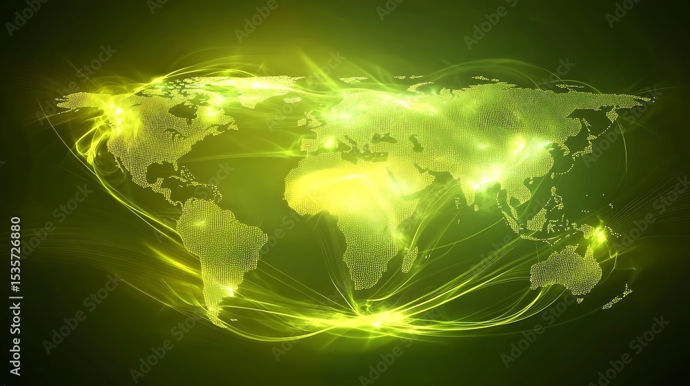 Poster digital world map glowing green lines connected continents network on green background