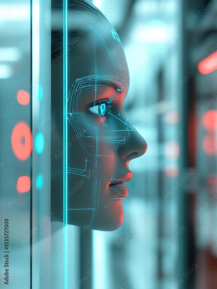 Poster future ai security system with facial recognition and biometric scanning at a high-tech facility, uh