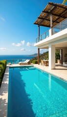 Fototapeta premium Luxurious holiday villa with private pool, spacious outdoor area, and stunning ocean views Perfect for a relaxing getaway or family vacation , contemporary, sky, spacious