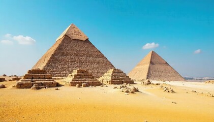 Majestic pyramids of Giza stand tall against the vast, sandy desert under a brilliant blue sky, a timeless testament to ancient Egyptian engineering and artistry , travel, impressive