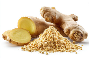 Ginger root and powder isolated on a white background
