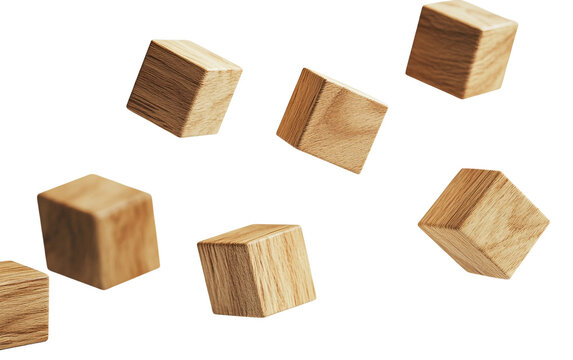 Wooden minimalist toy blocks floating in simple clean composition on white background isolated on transparent background PNG
