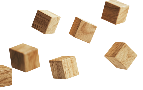 Wooden minimalist toy blocks floating in simple clean composition on white background isolated on transparent background PNG