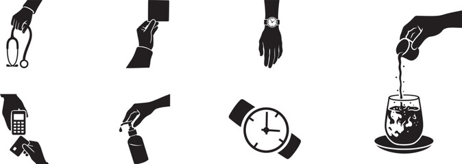 Everyday actions icon set black and white, People doing daily activities silhouette