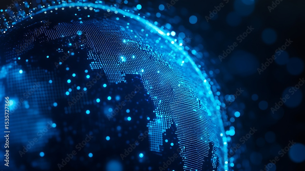 Poster glowing blue digital earth globe dotted map with bokeh lights and dark background