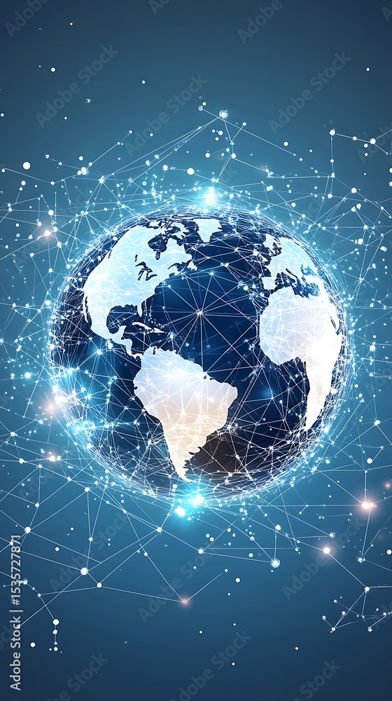 Poster global network globe with glowing connections on a blue background sphere earth design