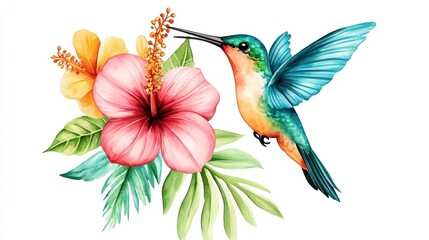 Colorful hummingbird and hibiscus flowers design.