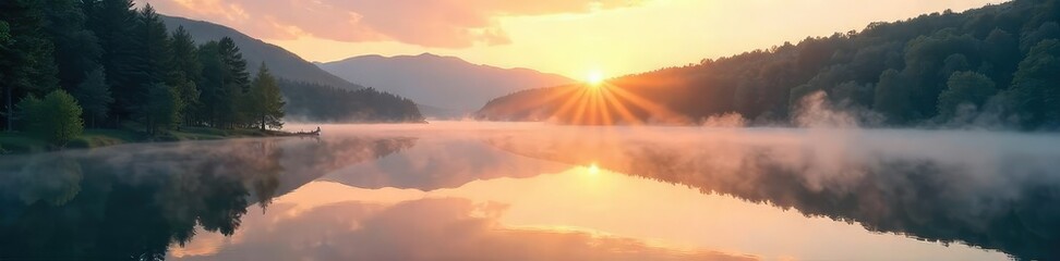 Fototapeta premium Serene lake at sunrise, mist clinging to the water's surface, reflecting the soft morning light Perfect for nature, tranquility, and peaceful landscape themes , ethereal, rural