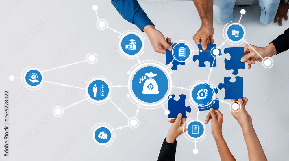 Poster diverse hands work together to assemble puzzle pieces, symbolizing teamwork and strategic reduction 