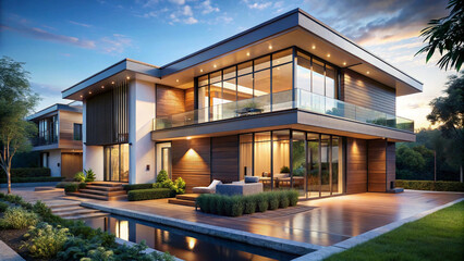 Fototapeta premium Modern luxury house with pool and patio at sunset.