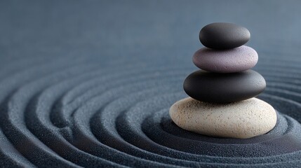 Balanced zen stones on raked sand