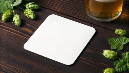 pub bar white beer coaster mockup on dark wood table with fresh green hops decor on border