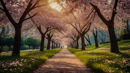 Obraz premium A picturesque spring pathway lined with vibrant cherry blossoms in full bloom, creating a serene and enchanting seasonal landscape