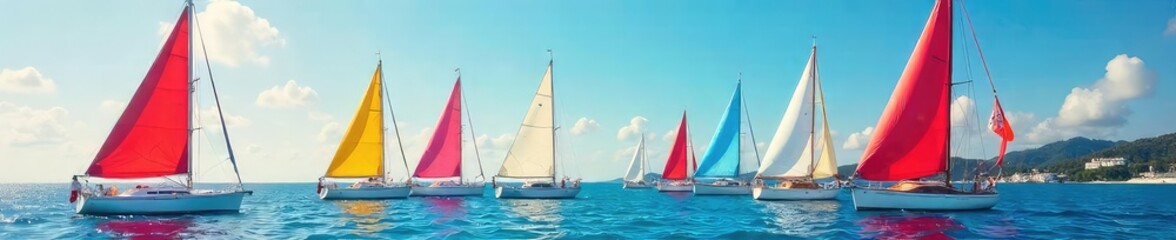 Fototapeta premium Vibrant sailboats with brightly colored sails catch the wind on a sunny day Perfect for travel, summer, and nautical themes , sky, adventure