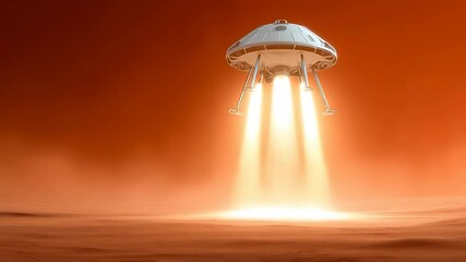 Robotic landing craft descending through dusty atmosphere with illuminated propulsion system. Precise vertical landing sequence on rocky terrain with intense orange background - Powered by Adobe