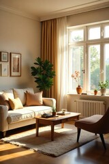 Fototapeta premium Warm, inviting home interior with comfortable furniture and soft lighting, creating a cozy and welcoming atmosphere Perfect for real estate, home decor, and lifestyle imagery , comfortable, scandi