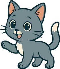 Obraz premium Adorable Gray Cartoon Kitten Waving Paw Illustration
