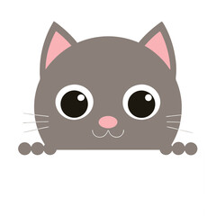 Charming Grey Cartoon Cat Peeking Over a White Sign with a Sweet Smile and Playful Eyes
