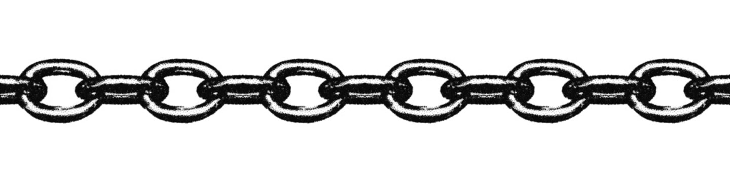Distressed metal chain seamless border with retro photocopy effect. Black monochrome design element, clip art with grainy stippling texture Grunge vector illustration on transparent background