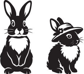 Rabbit silhouettes black and white with hat, Cute bunnies minimal pet illustration