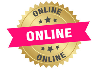 online. online round pink and gold label isolated on transparent background