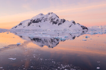Mountain in Paradise Bay, Reflected in Still Waters at Midnight in Antarctic Summer