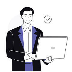 Smiling man in a suit holds his laptop with clock approval indicator nearby