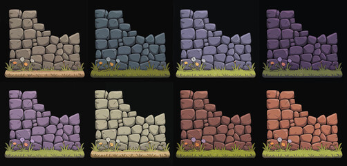 Eight Cartoon Stone Wall Sections with Flowers