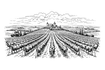 Vintage Vineyard Landscape Illustration &ndash; Hand-Drawn Winery Fields with Countryside Estate

