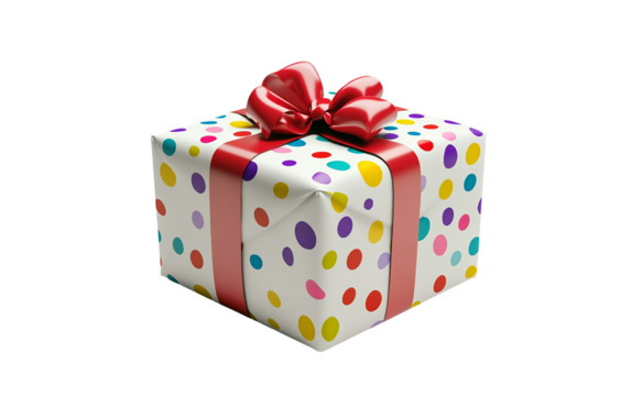 Colorful gift box decorated with polka dots and bow for birthday celebration isolated on transparent background PNG