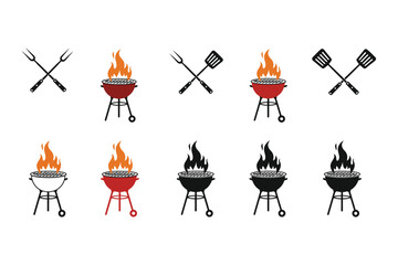 BBQ Grill and Utensil Icons Collection – Barbecue Flames, Forks, and Spatulas Vector Set

