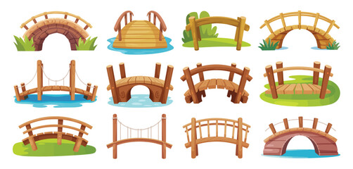 Twelve Cartoon Wooden Bridges Set for Game Design