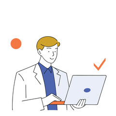 Blondehaired man in white coat working on laptop with check mark visible