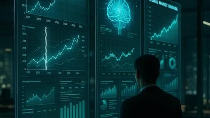 Corporate team analyzes global economic growth through an AI-powered holographic interface, combining data visualization, world trends, and intelligent forecasting in a futuristic boardroom. - Powered by Adobe