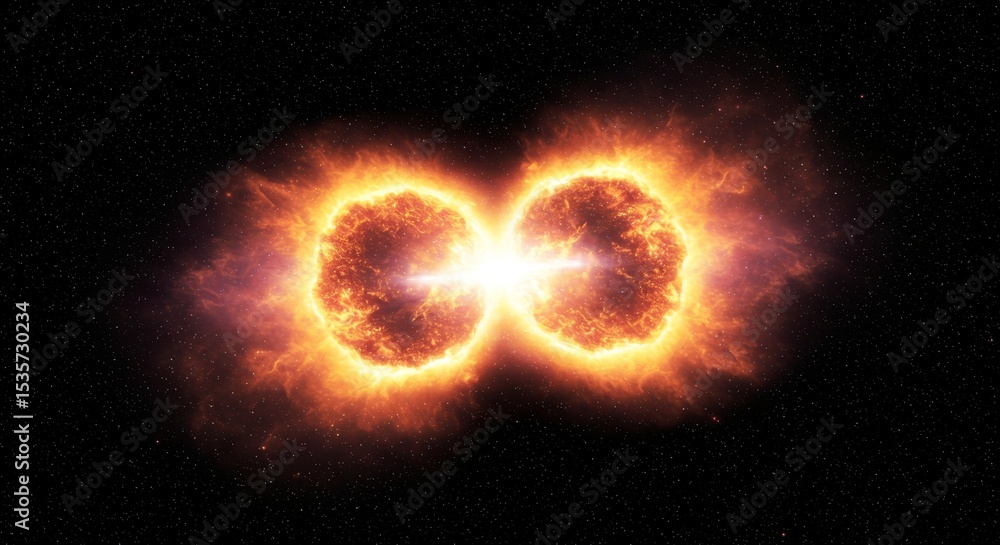Poster binary star system collision - a stunning of two stars colliding, creating a fiery spectacle in the 