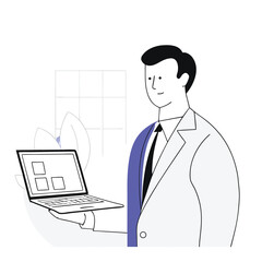 Smiling businessman showcases laptop squares while standing near window outline design presents opportunity