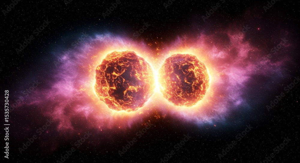 Poster celestial collision: fiery comet impact - two fiery comets collide in deep space, creating a breatht