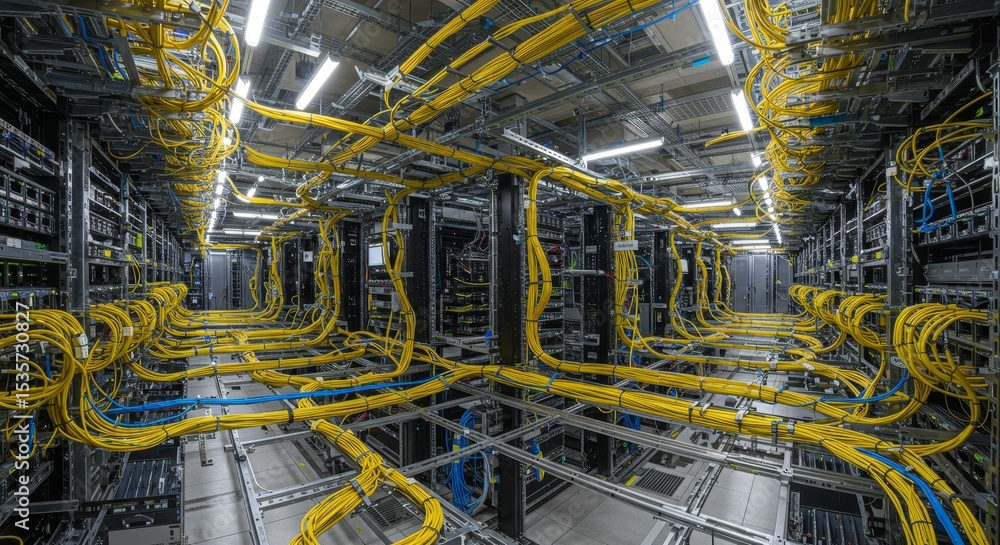 Poster complex network infrastructure - intricate network of yellow and blue cables in a server room, showc