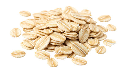 Rolled oats healthy breakfast cereal ingredient for oatmeal porridge or granola recipes close up view on transparent background