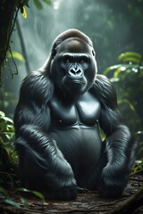 Gorilla in Forest Habitat &ndash; Tranquil Jungle Moment in Natural Light