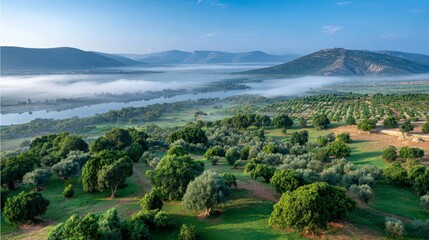 Lush landscape with river, misty mountains, and verdant fields at sunrise
