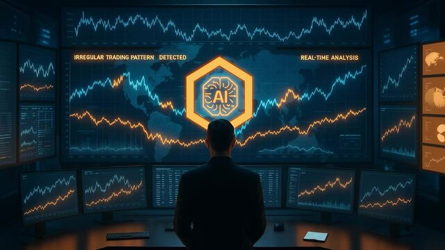 A financial analyst monitors global markets using AI-powered software that detects irregular trading patterns and performs real-time analysis across multiple data screens.