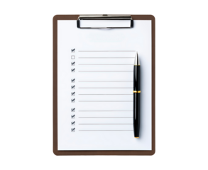 Checklist on clipboard with pen for organization and planning on transparent background, PNG
