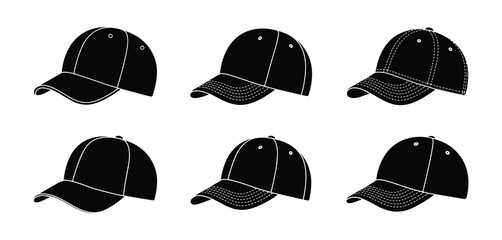 Six Black Baseball Caps in Different Angles View