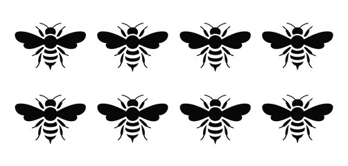 Eight Black Bee Silhouettes on White Background