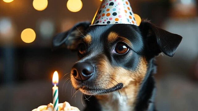 Close up of a dog wearing a birthday hat, looking at a birthday cupcake with a lit candle.  Soft, warm lighting and blurred background